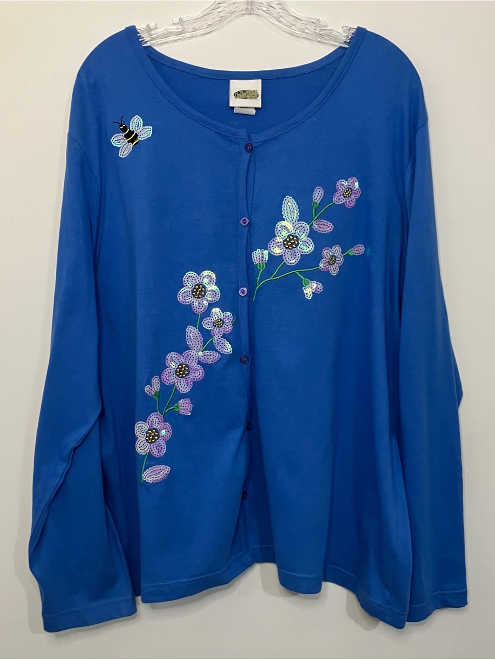 Collections Etc Blue Button Up Floral Bee Sequin Top XXL Spring Art Flower Summ